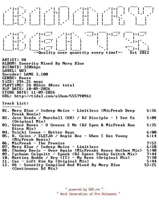NFO for the release VA-Sonority_Mixed_By_Mery_Blue-(QU3COMP008)-WEB-2026-BB by BB