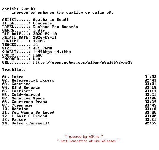 NFO for the release Agatha_is_Dead-Concrete-24BIT-WEB-FLAC-2026-ENRiCH by ENRiCH