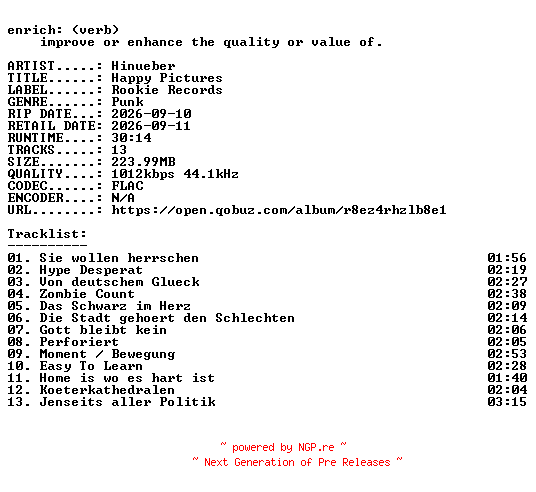 NFO for the release Hinueber-Happy_Pictures-DE-16BIT-WEB-FLAC-2026-ENRiCH by ENRiCH