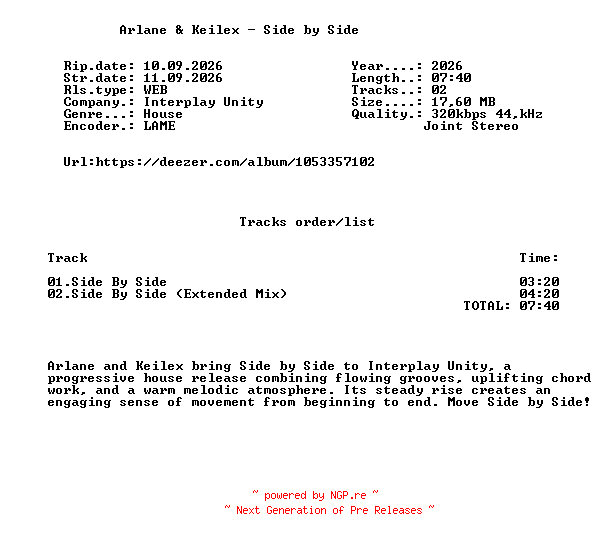 NFO for the release Arlane_And_Keilex_-_Side_By_Side-(ITPU249)-WEB-2026-FMC by FMC