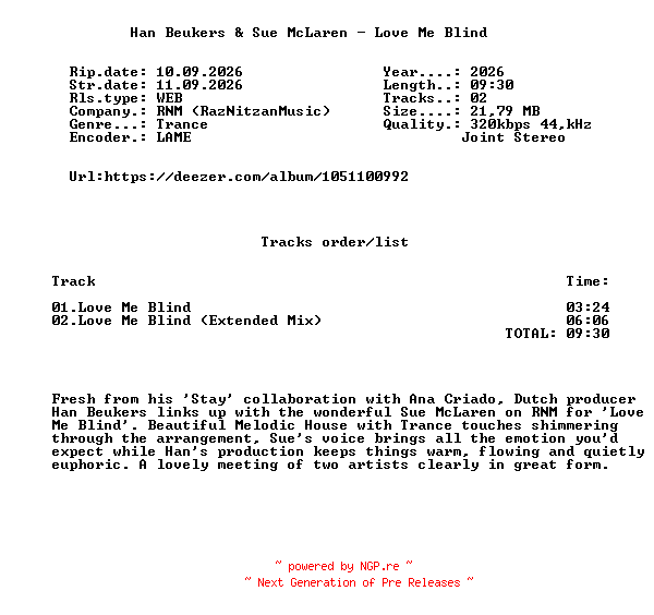 NFO for the release Han_Beukers_And_Sue_McLaren_-_Love_Me_Blind-(RNMR417)-WEB-2026-FMC by FMC