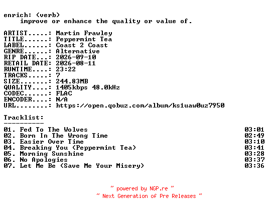 NFO for the release Martin_Frawley-Peppermint_Tea-EP-24BIT-WEB-FLAC-2026-ENRiCH by ENRiCH