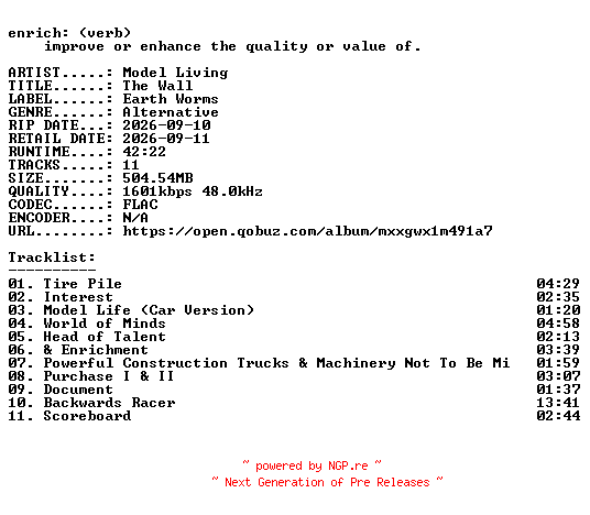 NFO for the release Model_Living-The_Wall-24BIT-WEB-FLAC-2026-ENRiCH by ENRiCH