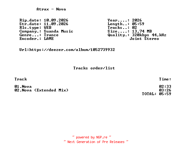 NFO for the release Atrax_-_Nova-(SND606)-WEB-2026-FMC by FMC