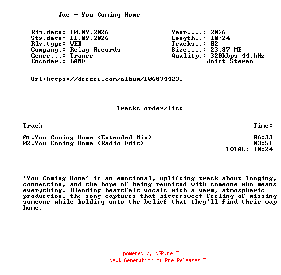 NFO for the release Jue_-_You_Coming_Home-(RE196)-WEB-2026-FMC by FMC