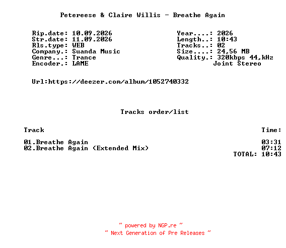 NFO for the release Petereese_And_Claire_Willis_-_Breathe_Again-(SND604)-WEB-2026-FMC by FMC