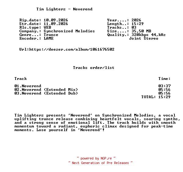 NFO for the release Tim_Lighterz_-_Neverend-(SMEL182)-WEB-2026-FMC by FMC