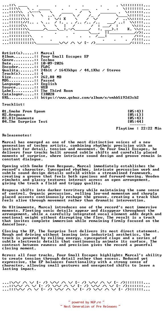 NFO for the release Marcal-Four_Small_Escapes_EP-T3R028-24BIT-WEB-FLAC-2026-WAVED by WAVED