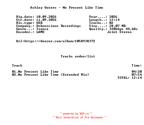 NFO for the release Ashley_Waters_-_No_Present_Like_Time-(UNK037)-WEB-2026-FMC by FMC