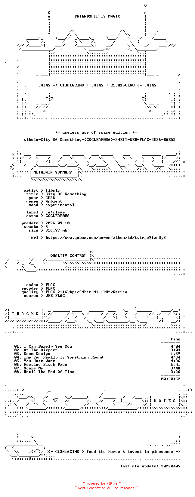 NFO for the release tibslc-City_Of_Something-(COCLEAR006)-24BIT-WEB-FLAC-2026-BABAS by BABAS