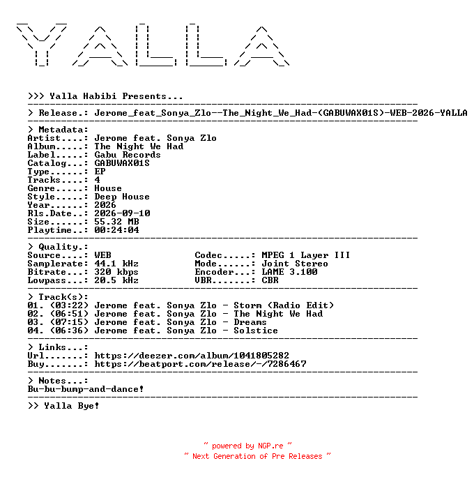 NFO for the release Jerome_feat_Sonya_Zlo--The_Night_We_Had-(GABUWAX01S)-WEB-2026-YALLA by YALLA