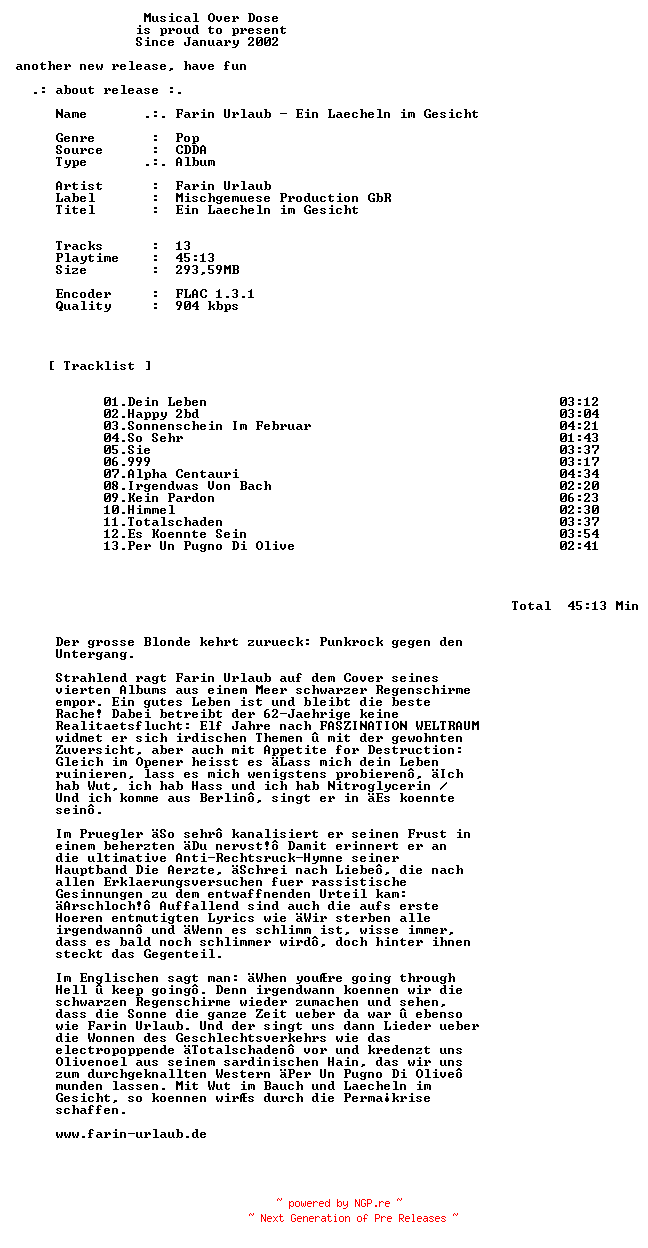 NFO for the release Farin_Urlaub-Ein_Laecheln_Im_Gesicht-DE-CD-FLAC-2026-MOD by MOD