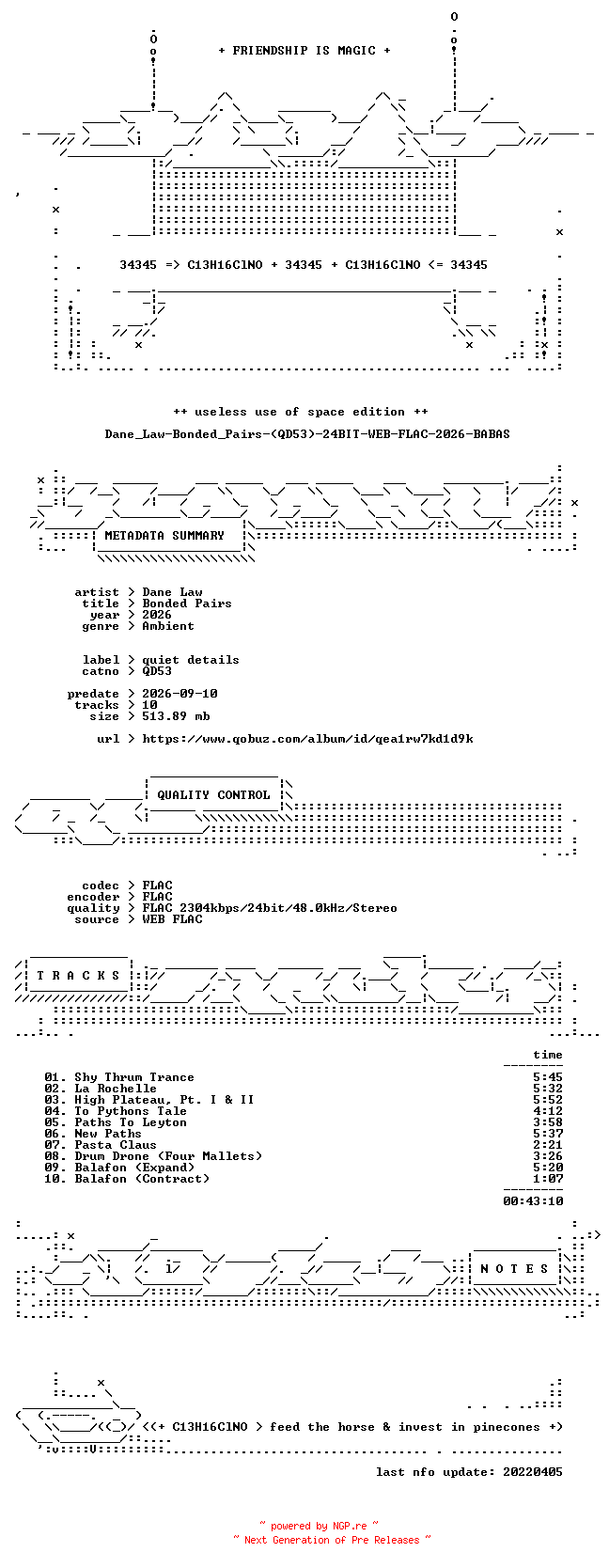 NFO for the release Dane_Law-Bonded_Pairs-(QD53)-24BIT-WEB-FLAC-2026-BABAS by BABAS