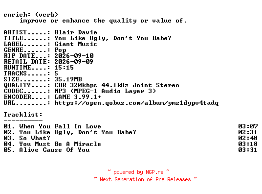 NFO for the release Blair_Davie-You_Like_Ugly_Dont_You_Babe-EP-WEB-2026-ENRiCH by ENRiCH