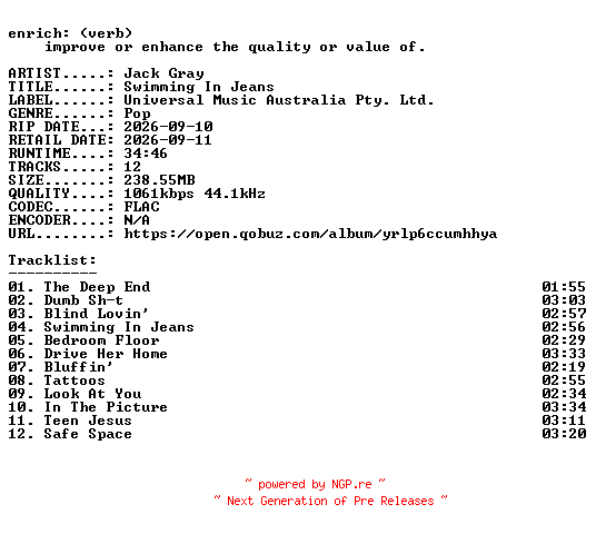 NFO for the release Jack_Gray-Swimming_In_Jeans-16BIT-WEB-FLAC-2026-ENRiCH by ENRiCH