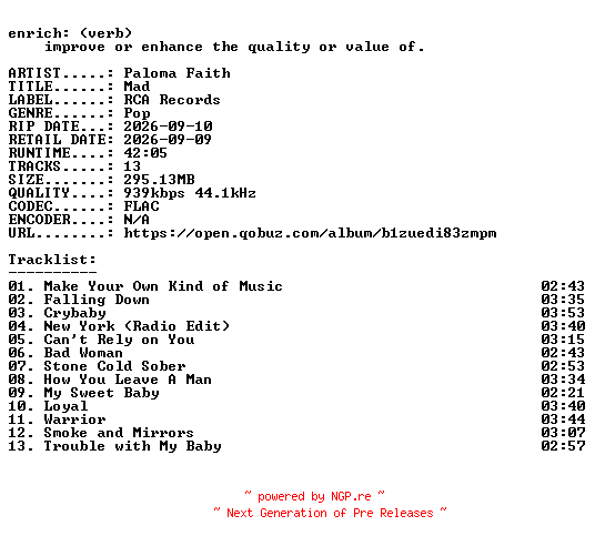 NFO for the release Paloma_Faith-Mad-16BIT-WEB-FLAC-2026-ENRiCH by ENRiCH