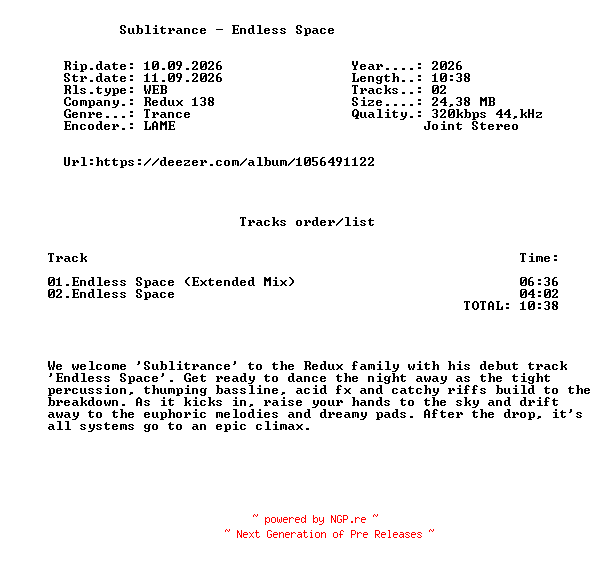 NFO for the release Sublitrance_-_Endless_Space-(RDX138592)-WEB-2026-FMC by FMC