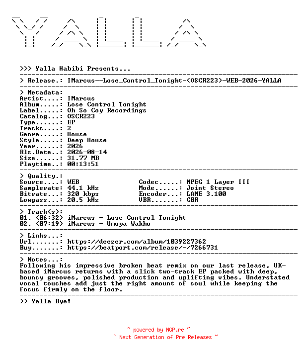 NFO for the release IMarcus--Lose_Control_Tonight-(OSCR223)-WEB-2026-YALLA by YALLA