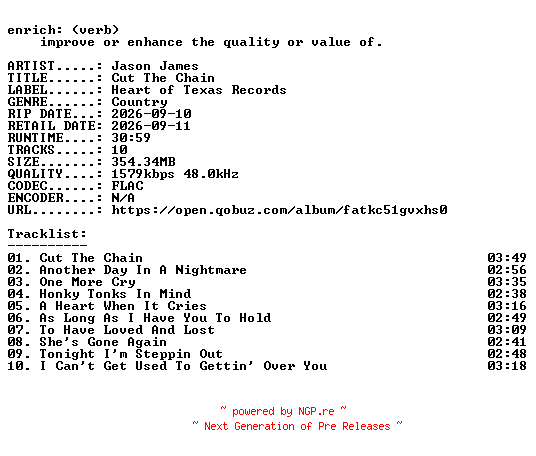 NFO for the release Jason_James-Cut_The_Chain-24BIT-WEB-FLAC-2026-ENRiCH by ENRiCH