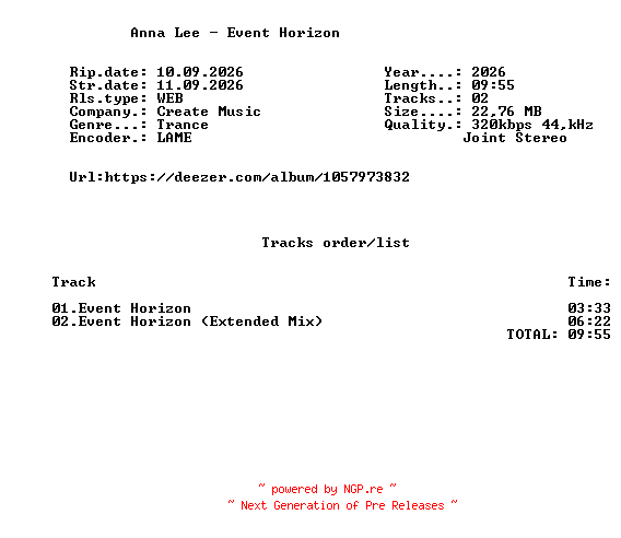 NFO for the release Anna_Lee_-_Event_Horizon-(CR8111)-WEB-2026-FMC by FMC