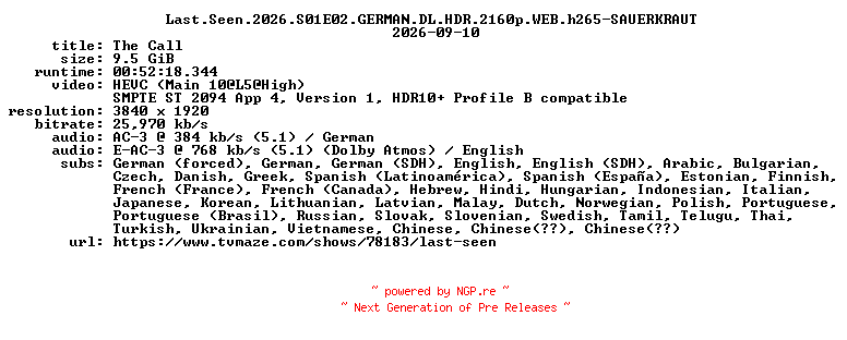 NFO for the release Last.Seen.2026.S01E02.GERMAN.DL.HDR.2160p.WEB.h265-SAUERKRAUT by SAUERKRAUT