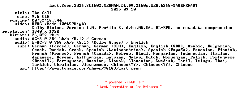 NFO for the release Last.Seen.2026.S01E02.GERMAN.DL.DV.2160p.WEB.h265-SAUERKRAUT by SAUERKRAUT