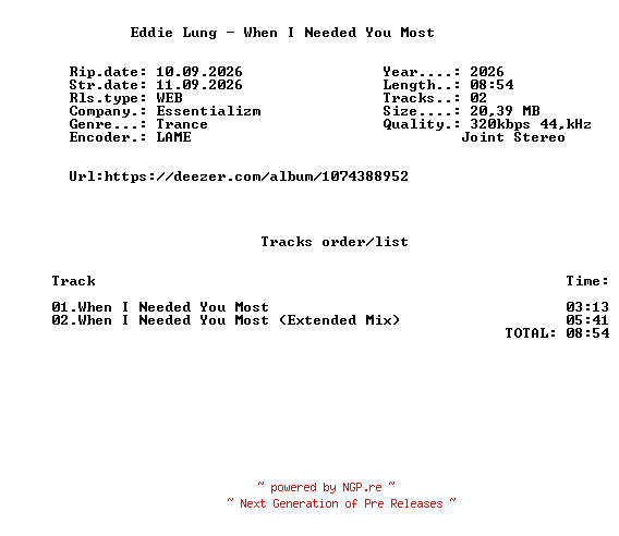 NFO for the release Eddie_Lung_-_When_I_Needed_You_Most-(ESS176)-WEB-2026-FMC by FMC