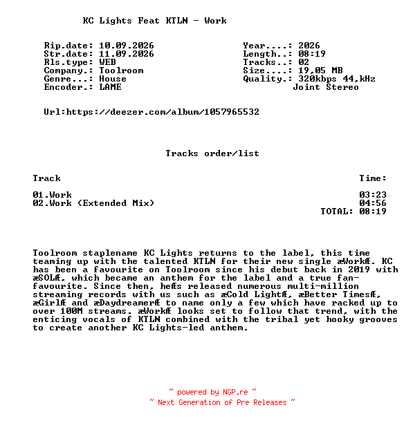 NFO for the release KC_Lights_Feat_KTLN_-_Work-(TOOL1451-01Z)-WEB-2026-FMC by FMC