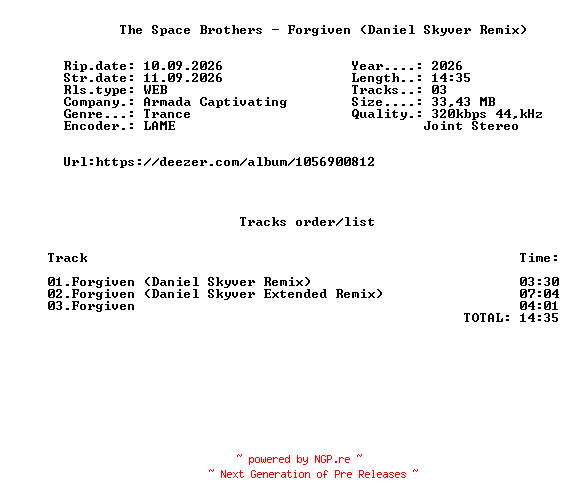 NFO for the release The_Space_Brothers_-_Forgiven_(Daniel_Skyver_Remix)-(ARCV334)-WEB-2026-FMC by FMC
