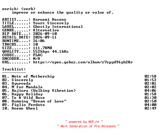 NFO for the release Haruomi_Hosono-Yours_Sincerely-16BIT-WEB-FLAC-2026-ENRiCH by ENRiCH