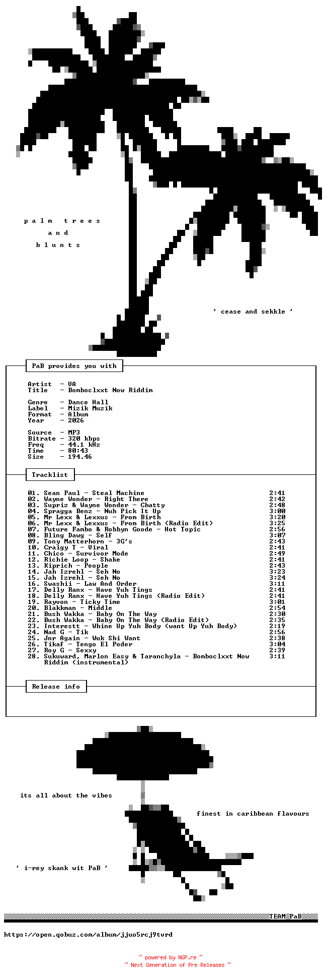 NFO for the release VA-Bomboclxxt_Now_Riddim-WEB-2026-PaB by PaB