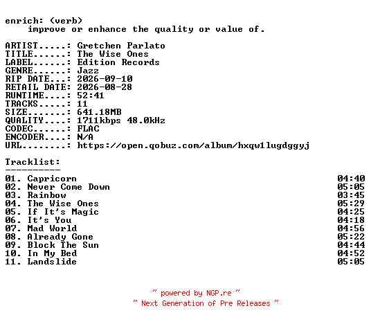 NFO for the release Gretchen_Parlato-The_Wise_Ones-24BIT-WEB-FLAC-2026-ENRiCH by ENRiCH