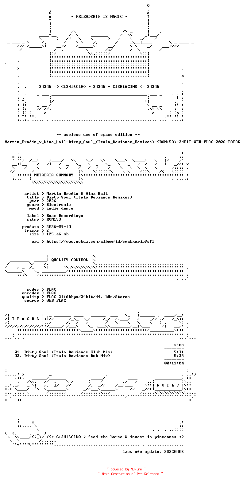 NFO for the release Martin_Brodin_x_Nina_Hall-Dirty_Soul_(Italo_Deviance_Remixes)-(ROM153)-24BIT-WEB-FLAC-2026-BABAS by BABAS