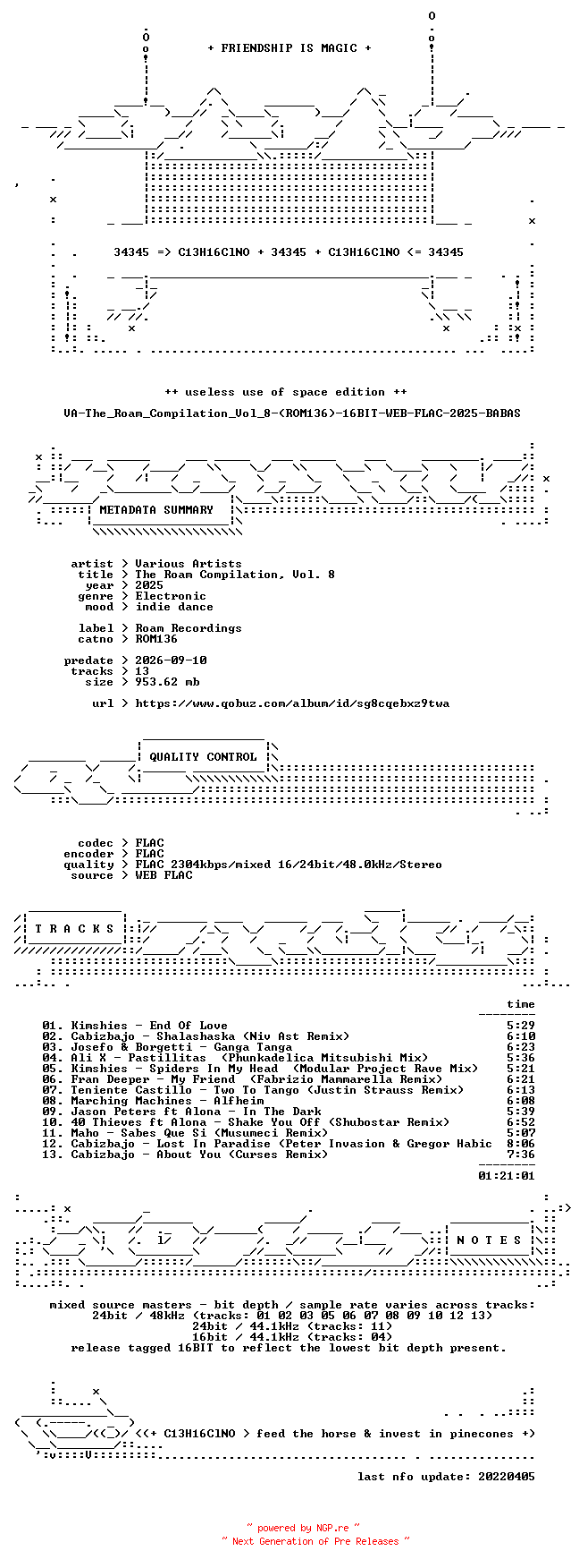 NFO for the release VA-The_Roam_Compilation_Vol_8-(ROM136)-16BIT-WEB-FLAC-2025-BABAS by BABAS