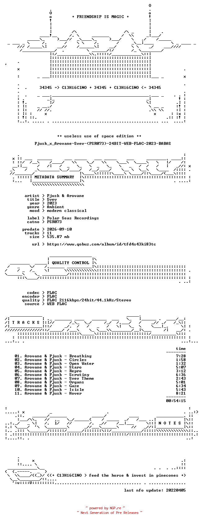 NFO for the release Pjusk_x_Arovane-Svev-(PSR073)-24BIT-WEB-FLAC-2023-BABAS by BABAS