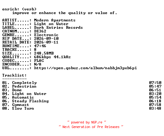 NFO for the release Modern_Apartments-Light_on_Water-(DE362)-16BIT-WEB-FLAC-2026-ENRiCH by ENRiCH