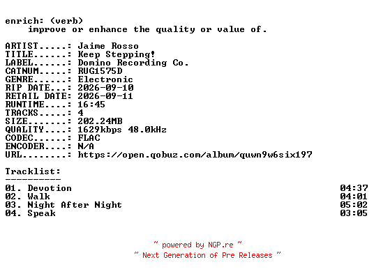 NFO for the release Jaime_Rosso-Keep_Stepping-(RUG1575D)-24BIT-WEB-FLAC-2026-ENRiCH by ENRiCH