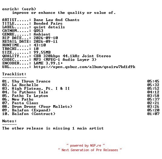 NFO for the release Dane_Law_And_Chants-Bonded_Pairs-(QD53)-PROPER-WEB-2026-ENRiCH by ENRiCH