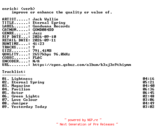 NFO for the release Jack_Wyllie-Eternal_Spring-(GOND084DD)-24BIT-WEB-FLAC-2026-ENRiCH by ENRiCH