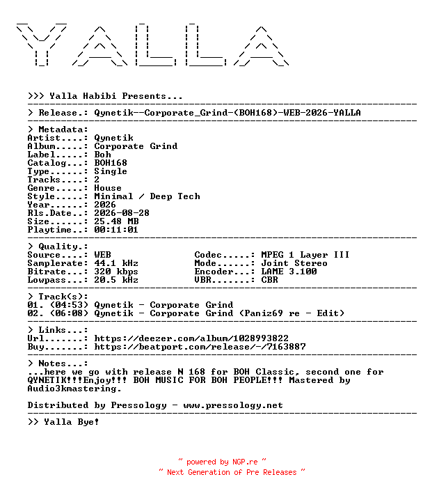 NFO for the release Qynetik--Corporate_Grind-(BOH168)-WEB-2026-YALLA by YALLA