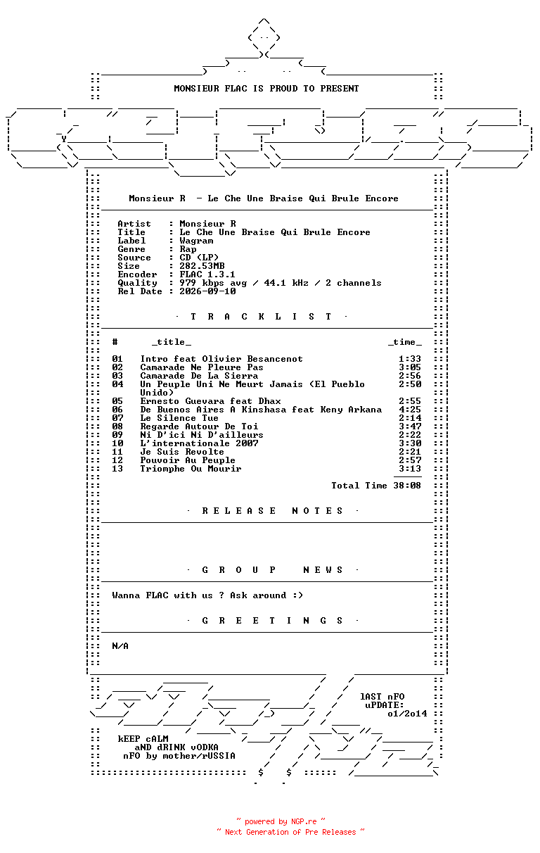 NFO for the release Monsieur_R-Le_Che_Une_Braise_Qui_Brule_Encore-FR-CD-FLAC-2007-Mrflac by Mrflac