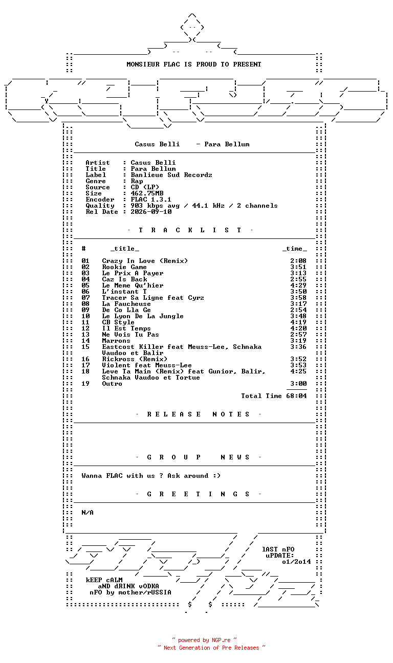 NFO for the release Casus_Belli-Para_Bellum-FR-CD-FLAC-2009-Mrflac by Mrflac