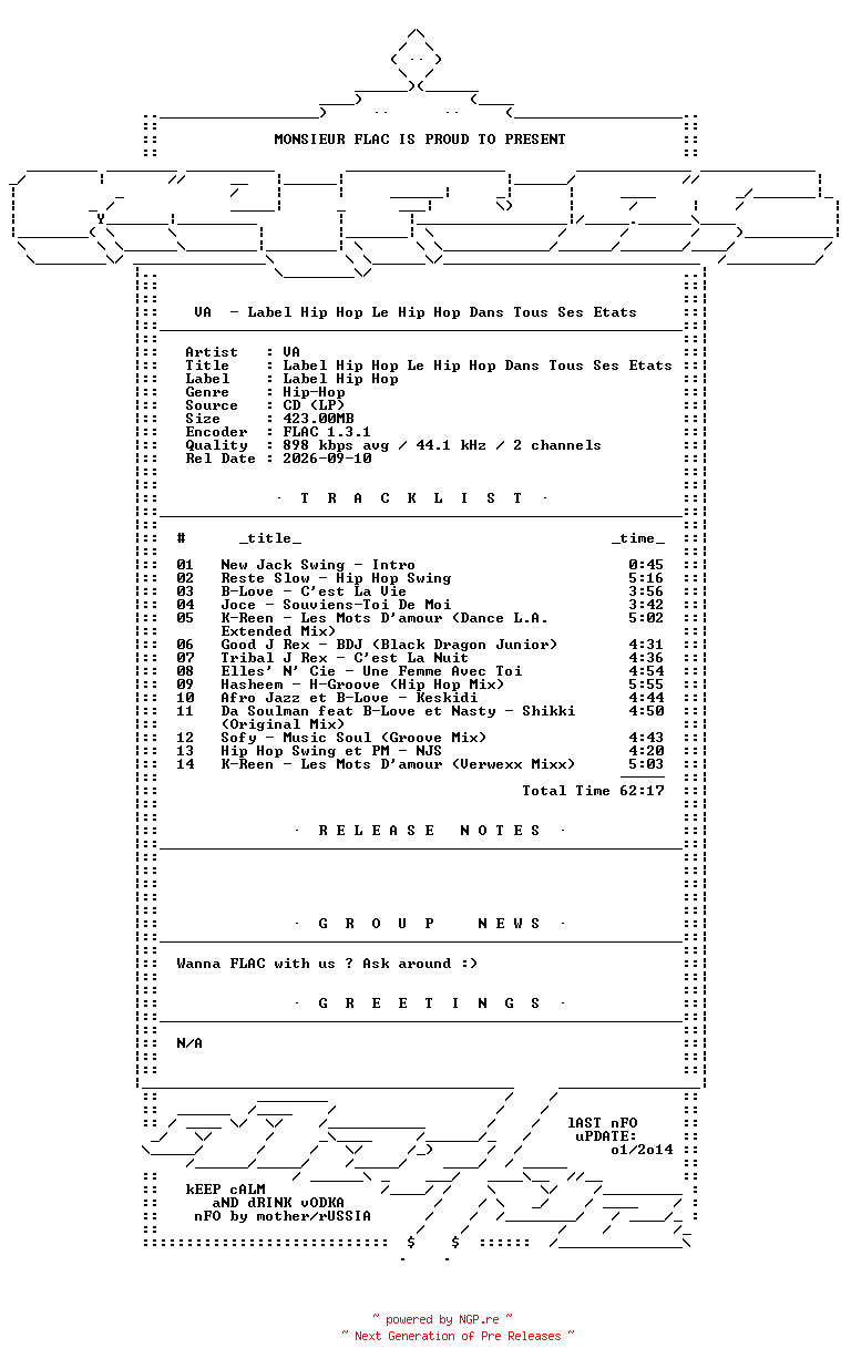 NFO for the release VA-Label_Hip_Hop_Le_Hip_Hop_Dans_Tous_Ses_Etats-FR-CD-FLAC-1996-Mrflac by Mrflac