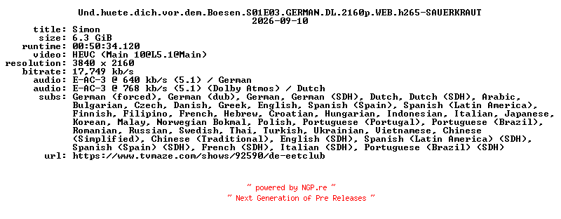 NFO for the release Und.huete.dich.vor.dem.Boesen.S01E03.GERMAN.DL.2160p.WEB.h265-SAUERKRAUT by SAUERKRAUT