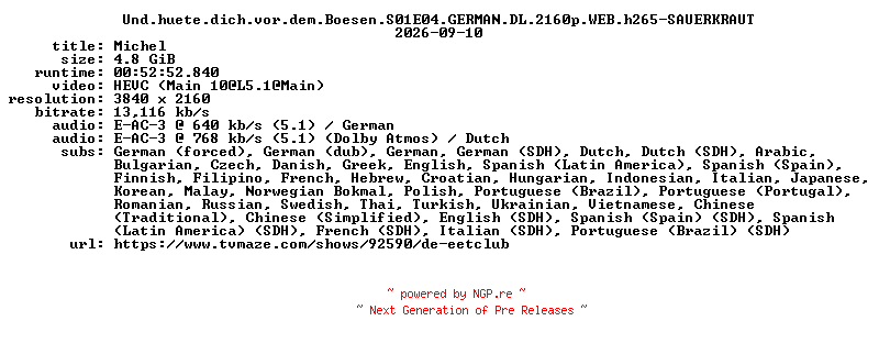 NFO for the release Und.huete.dich.vor.dem.Boesen.S01E04.GERMAN.DL.2160p.WEB.h265-SAUERKRAUT by SAUERKRAUT