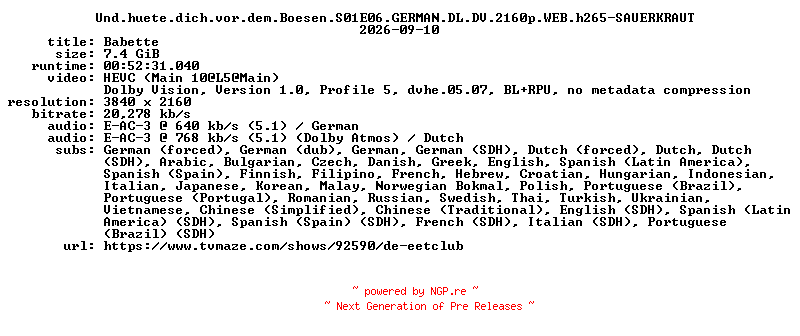 NFO for the release Und.huete.dich.vor.dem.Boesen.S01E06.GERMAN.DL.DV.2160p.WEB.h265-SAUERKRAUT by SAUERKRAUT
