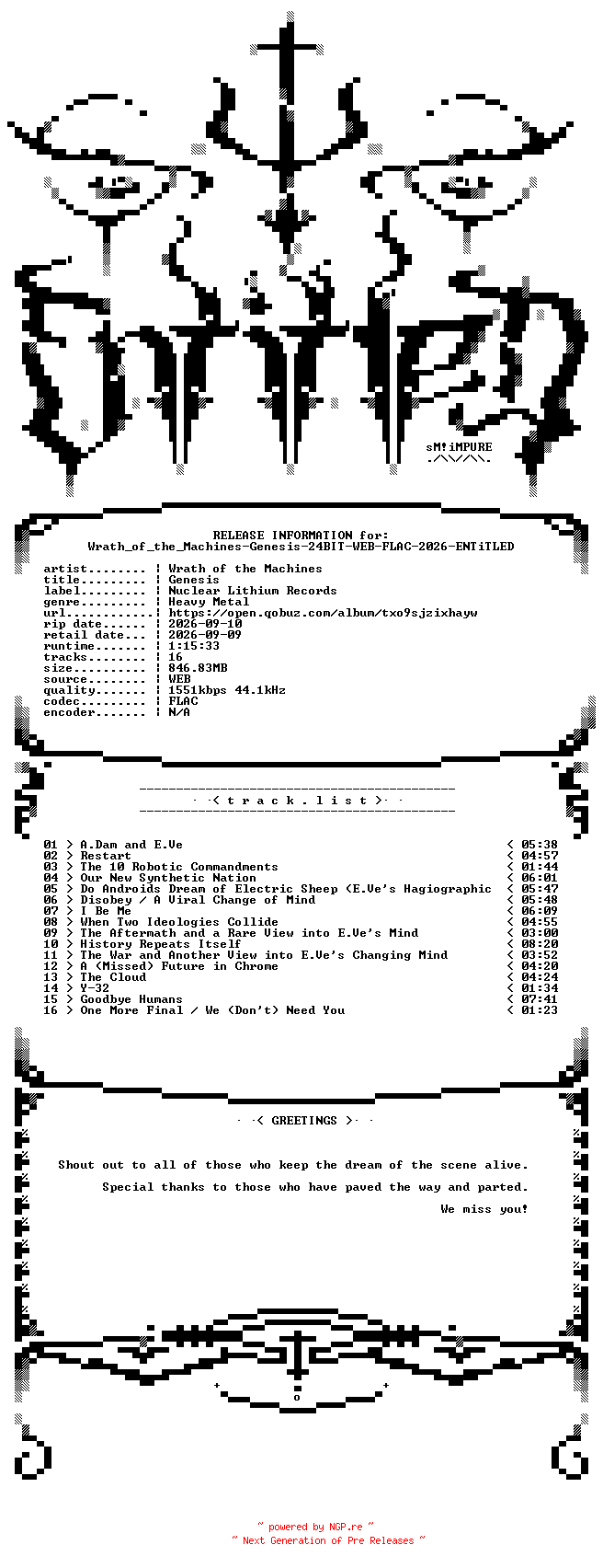 NFO for the release Wrath_of_the_Machines-Genesis-24BIT-WEB-FLAC-2026-ENTiTLED by ENTiTLED