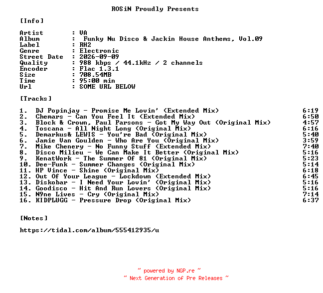NFO for the release VA-Funky_Nu_Disco_And_Jackin_House_Anthems_Vol.09-16BIT-WEB-FLAC-2026-ROSiN by ROSiN
