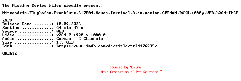 NFO for the release Mittendrin.Flughafen.Frankfurt.S17E04.Neues.Terminal.3.in.Action.GERMAN.DOKU.1080p.WEB.h264-TMSF by TMSF