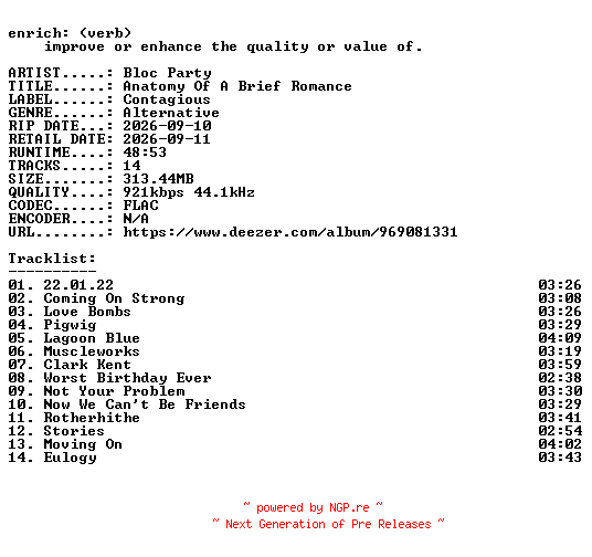 NFO for the release Bloc_Party-Anatomy_Of_A_Brief_Romance-16BIT-WEB-FLAC-2026-ENRiCH by ENRiCH
